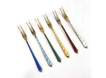 Set Of 6 Mid-Century Modern ELA Denmark Sterling Silver Gilt Cocktail Forks - Vermeil And Enameled
