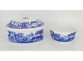 2 Different Spode Blue Italian Oven To Table Pieces - Covered Baking Casseroles & Bowl - Never Used