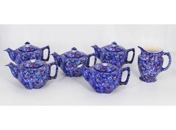 Set Of 5 Ringtons James Sadler Blue Chintz 16 Fl.oz. Vintage China Teapots & Milk Pitcher