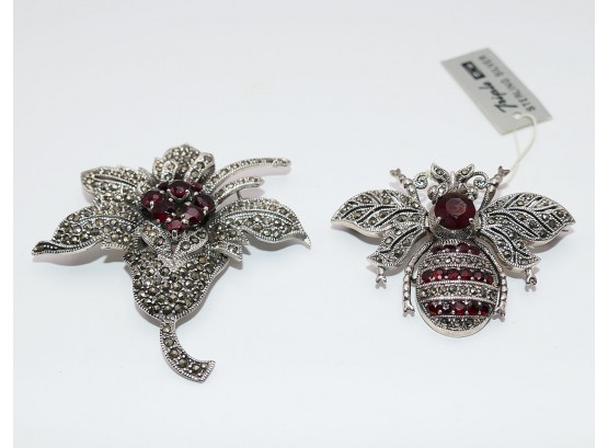 2 Large Sterling Silver Marcasite Brooches - Bee & Flower