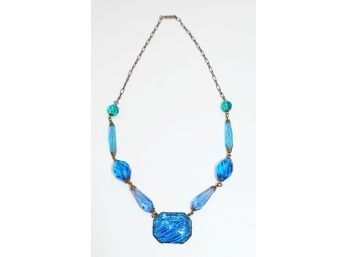 Art Deco Blue Morpho Butterfly Wing Pendant Necklace