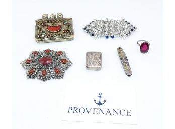 Vintage Jewelry Lot & Decorative Pen Knife - Brooches, Ring, Pendant, Snuff Box
