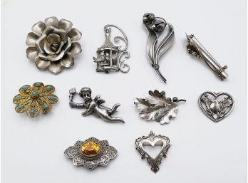 10 Different Vintage Sterling Silver Brooches