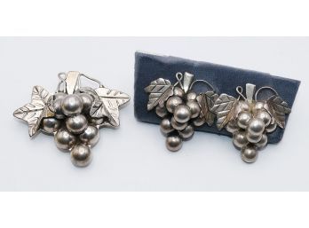 Vintage Mexican Sterling Silver Earrings / Brooch Set - Grapes