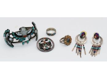 Vintage Native American Jewelry - Cuff Bracelet, Earrings, Rings, Pin - Sterling Silver