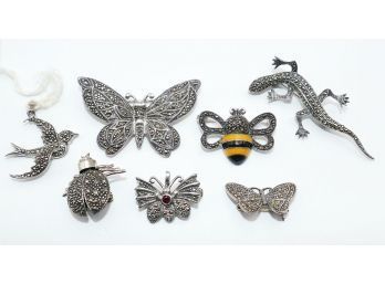 7 Different Sterling Silver Marcasite Brooches - Bees, Butterflies, Bugs, Bird, Lizard