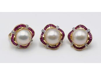 Earrings / Ring Set - Signed - 14K Gold, Pearl, Gemstones, Diamonds