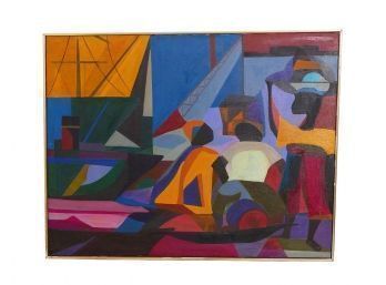 Solomon Irein Wangboje (Nigerian, 1930-1998) Original Painting 'At The Wharf' (1966-67) - Oil On Canvas