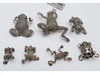 7 Different Sterling Silver Marcasite Brooches - Frogs