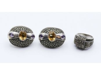 Sterling Silver Marcasite Earrings & Ring - Citrine & Amethyst