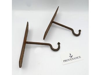 Pair Of Antique Hammered Iron Wall Hooks - For Plants, Lights, Clothes, Etc