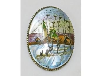 Large Russian Hand Painted On Mother Of Pearl Brooch/Pin