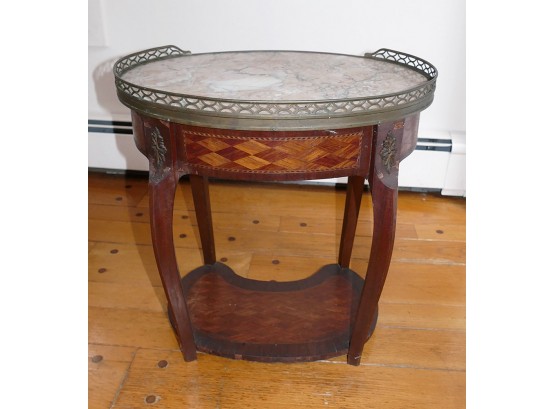 Louis XV/XVI Style Petite Oval Marble Top Marquetry Side Table