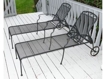 Pair Of Wrought Metal Outdoor Chaise Lounges - In Black - Very Good Condition