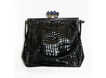 Vintage 1950s Gucci Black Crocodile Handbag With Lapis Accents RARE!