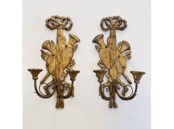 Pair Of Vintage Italian Giltwood Carved Sconces