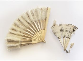 2 Antique/Vintage Hand Held Feather Fans - Mother Of Pearl