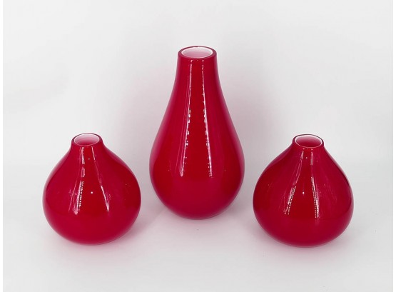 Set Of 3 Crate & Barrel Lucy Vases - Red Glass - 6' And 10'