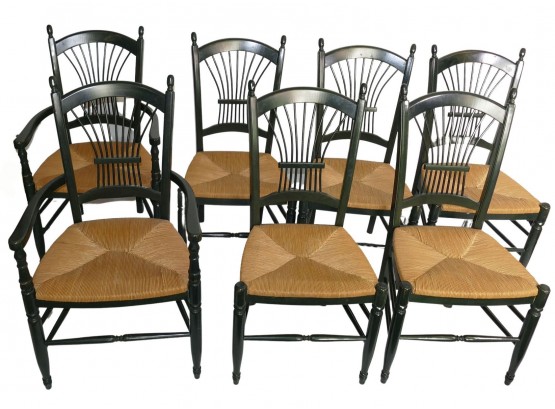 Set Of 7  Wheat Back Dining Chairs - Solid Wood With Rush Seats