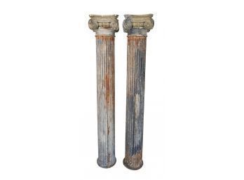 Pair Of 19th C. Wooden Fluted Ionic Columns From Vermont