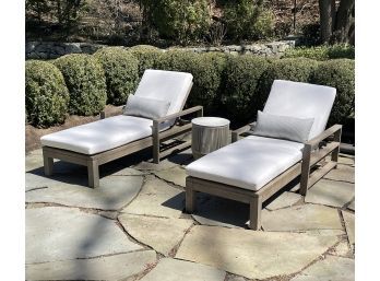 Pair Of Pottery Barn Indio Wood Chaise Loungers With Sunbrella Cushions, Covers, & Side Table - Cost $3800+