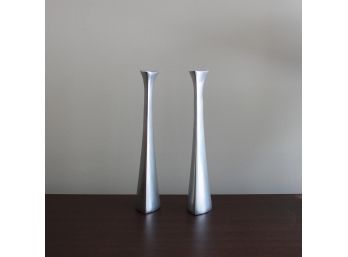 Pair Of Tall Nambe Tri-Corner Designer Candlesticks