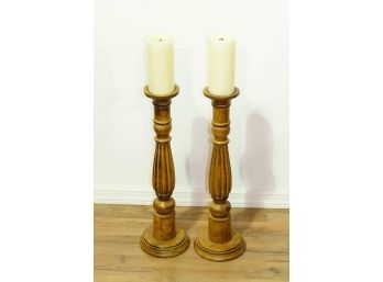 Pair Of Large Wooden Candle Holders