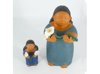 Pair Of Mexican Pottery Gorda Folk Art Figures Holding Calla Lilies