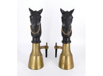 Pair Of Vintage Brass And Cast Iron Horse Andirons - Equestrian