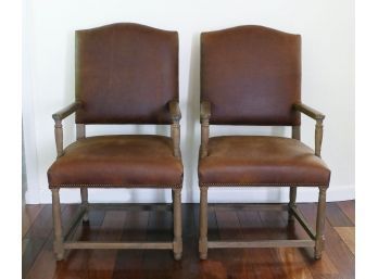 Pair Of Restoration Hardware Empire Parsons Leather Armchairs