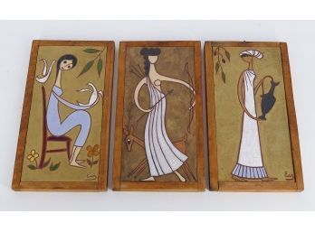 Set Of 3 Painted Ceramic Art Tiles - Signed Ey