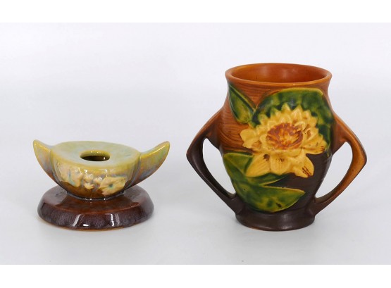 Roseville Pottery Water Lily Vase & Wincraft Candle Holder