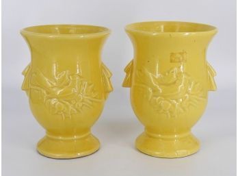 Pair Of Large McCoy Pottery Cardinal Vases - In Sunshine Yellow