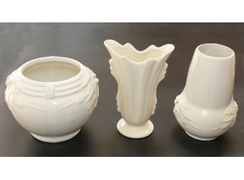 3 Different White Vases - Attributed To McCoy Pottery