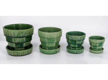 Set Of 4 McCoy Pottery Basket Weave Pots - In Green