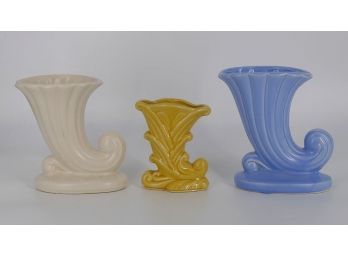 3 Different Vintage USA Pottery Cornucopia Trumpet Vases