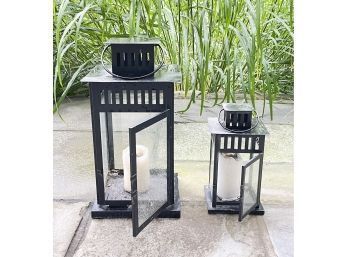 Pair Of Outdoor Metal Candle Lanterns - 18' & 11' Tall