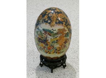 Vintage Satsuma Porcelain Egg - Wooden Base