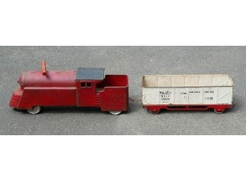 Vintage Marx 3000 Pressed Steel Ride-On Locomotive And W. & L.E. Railcar