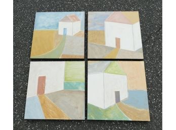 Collection Of 4 Original Paintings - On Board - Geometric House & Landscape - Signed Carter