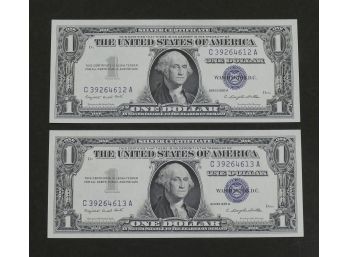 Pair Of 1957A $1 Bill Silver Certificates - In Crisp Uncirculated Condition - Consecutive Serial Numbers