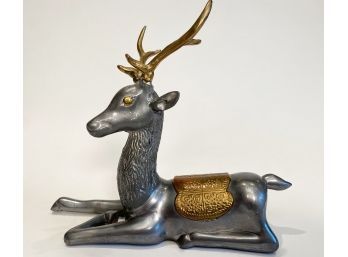 Fabulous Pewter And Brass Resting Deer Sculpture