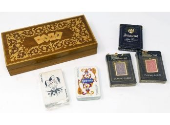 Vintage Wooden Inlay Playing Card Box With 5 Decks