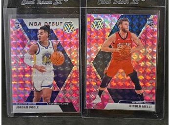 2019-20 MOSAIC JORAN POOLE NBA DEBUT AND NICOLO MELLO ROOKIE CARDS PINK PRIZMS