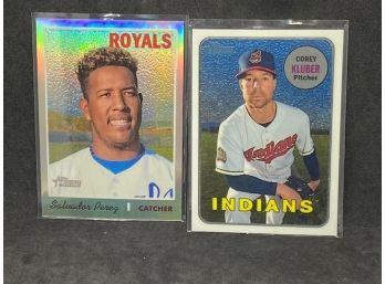 2018 TOPPS HERITAGE COREY KLUBER FOIL ONLY 999 MADE AND 2019 TOPPS HERITAGE SALVADOR PEREZ ONLY 570 MADE