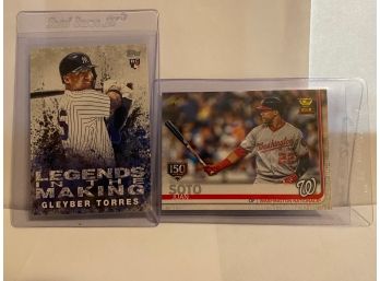 2018 TOPPS GLEYBER TORRES ROOKIE AND 2019 JUAN SOTO 150TH FOIL ROOKIE CUP