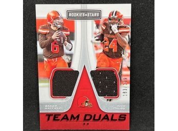 2019 ROOKIES & STARS BAKER MAYFIELD & NICK CHUBB GAME-WORN SHORT PRINT - ONLY 199 PRINTED