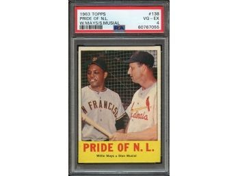 1963 TOPPS PRIDE OF NATIONAL LEAGUE WILLIE MAYS AND STAN MUSIAL PSA 4!