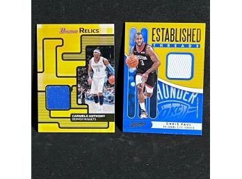 2007-08 BOWMAN RELIC CARMELO ANTHONY AND 2019-20 ABSOLUTE ESTABLISHED THREADS CHRIS PAUL RELIC