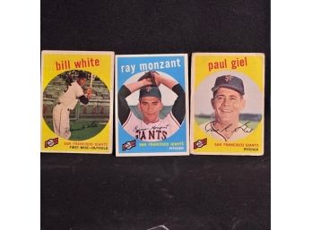 (3) 1959 TOPPS GIANTS: BILL WHITE, RAY MONZANT & PAUL GIEL